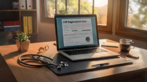 Laptop em mesa de veterinário mostrando formulário de cadastro de CNPJ, com estetoscópio e planta ao lado.