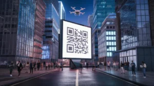 [Paisagem urbana futurista em 2025 com outdoor digital exibindo símbolo de QR code e drone de segurança sobrevoando a rua.]