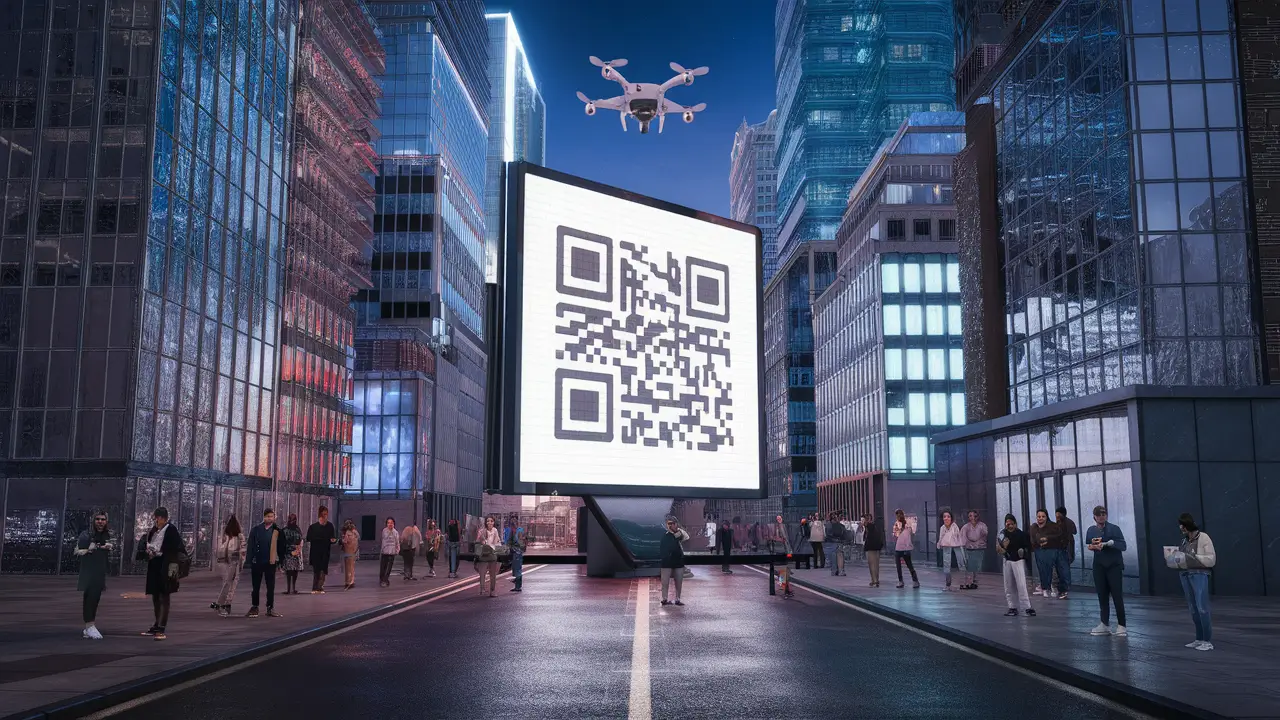 [Paisagem urbana futurista em 2025 com outdoor digital exibindo símbolo de QR code e drone de segurança sobrevoando a rua.]