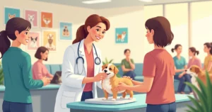 Ilustração de uma clínica veterinária movimentada com veterinário, pets e donos em ambiente acolhedor.