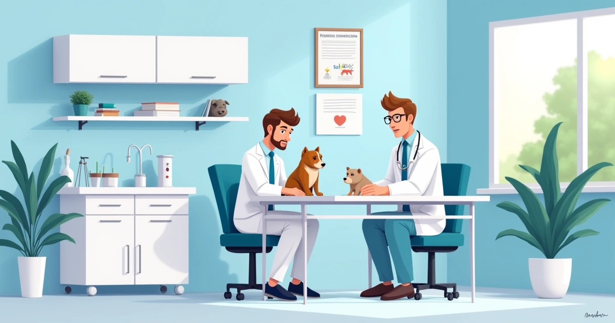 Consultório veterinário moderno com um veterinário examinado um cachorro em uma mesa de exame.
