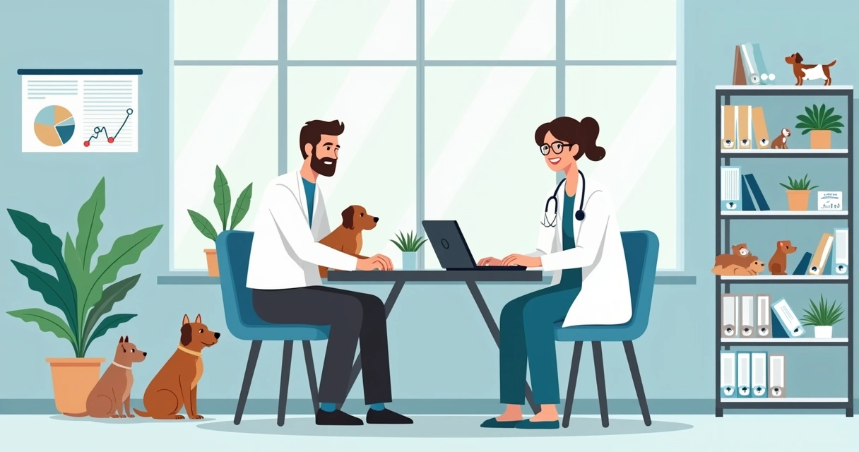 Consultório veterinário moderno com um veterinário examinando um cachorro grande e prateleiras de produtos.