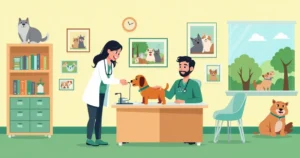 Escritório de veterinário com médico examinando um cachorro em uma mesa, ferramentas e livros ao fundo.