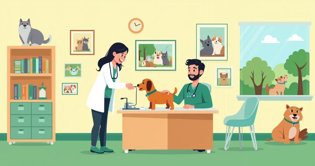 Escritório de veterinário com médico examinando um cachorro em uma mesa, ferramentas e livros ao fundo.