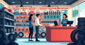 Interior of an auto parts store with various car components and signage about Monofásico PIS e COFINS.