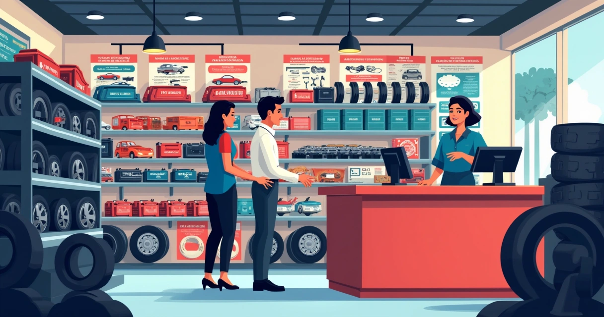 Interior of an auto parts store with various car components and signage about Monofásico PIS e COFINS.