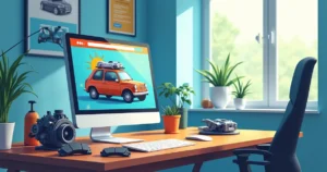 Modelo de loja online de autopeças, com computador, peças de carro e posters de marcas no fundo.