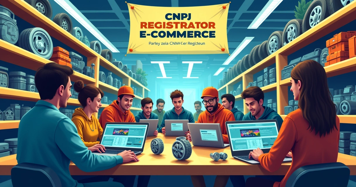 Marketplace de autopeças online com pessoas diversas usando laptops. Ambiente colorido e organizado.