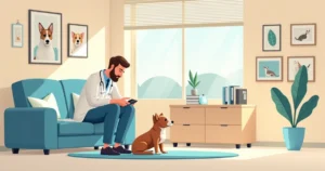 Veterinário examinando um cachorro em casa com ambiente acolhedor, estante ao fundo e luz suave.