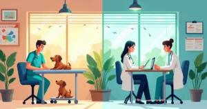 Vet examining a dog in a clinic with educational posters, and another scene of a consultation for CNPJ.