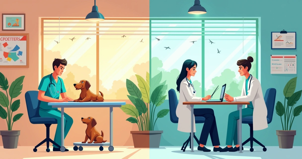 Vet examining a dog in a clinic with educational posters, and another scene of a consultation for CNPJ.