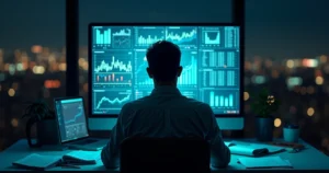 Homem de negócios sentado em escritório escuro olhando para tela de computador com gráficos e documentos