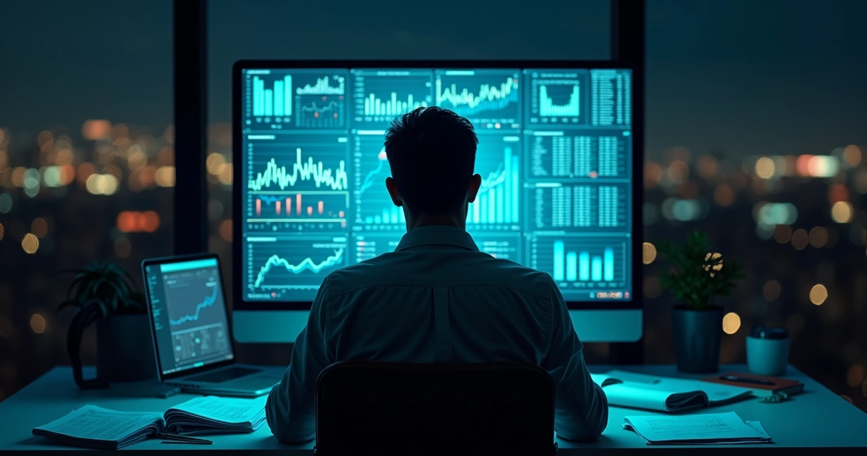 Homem de negócios sentado em escritório escuro olhando para tela de computador com gráficos e documentos