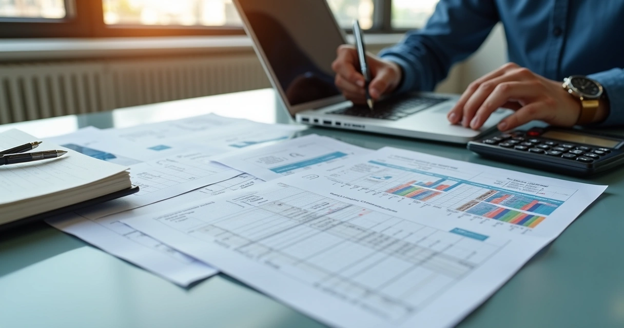 Mesa de escritório com contador analisando documentos fiscais de produtos pet, laptop aberto mostrando planilhas, calculadora, e blocos de notas ao lado em ambiente iluminado e moderno