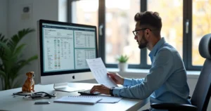 Profissional analisando documentos fiscais em computador com gráficos tributários ao fundo