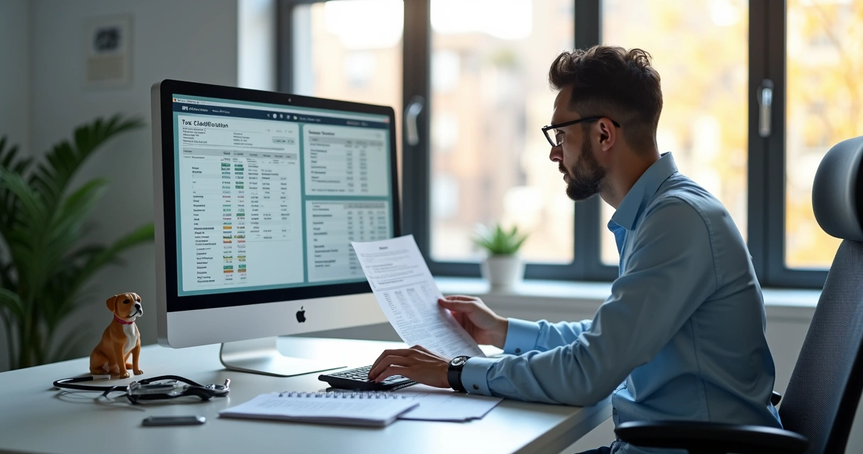 Profissional analisando documentos fiscais em computador com gráficos tributários ao fundo