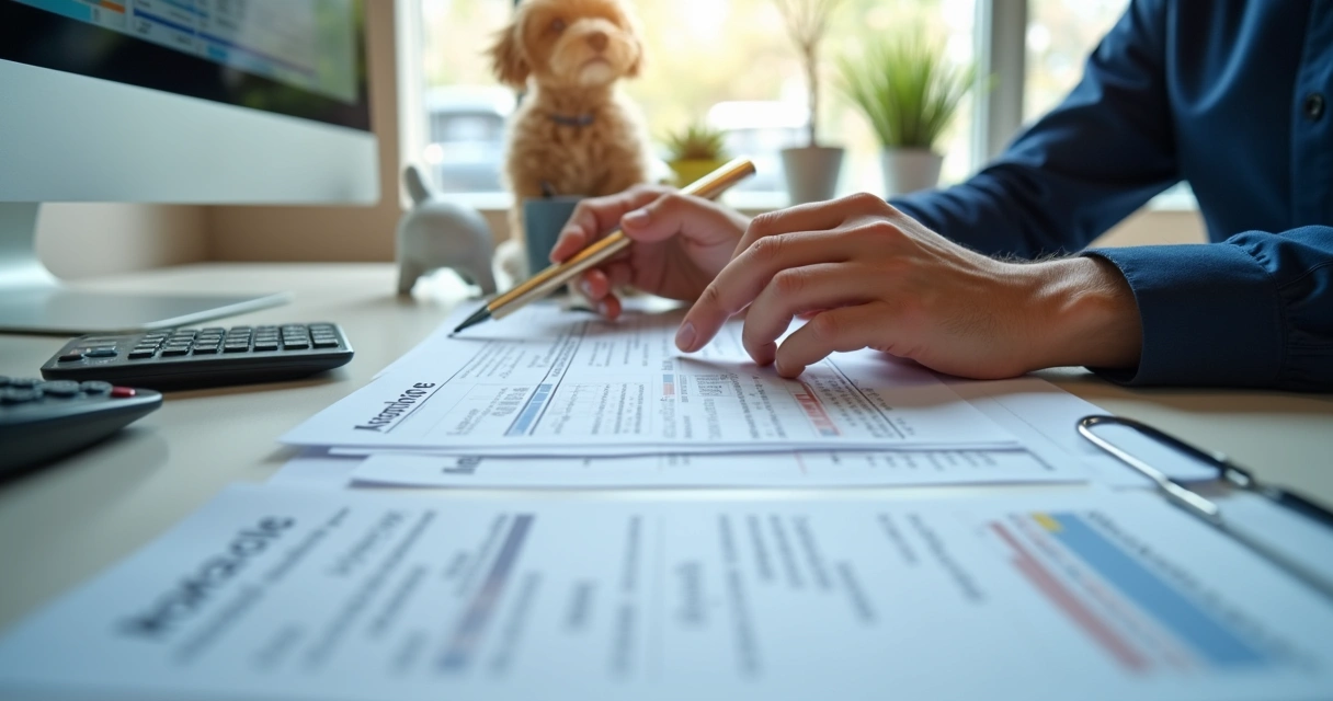 Contador analisando documentos e notas fiscais de pet shop em escritório moderno com computador e gráficos financeiros na tela