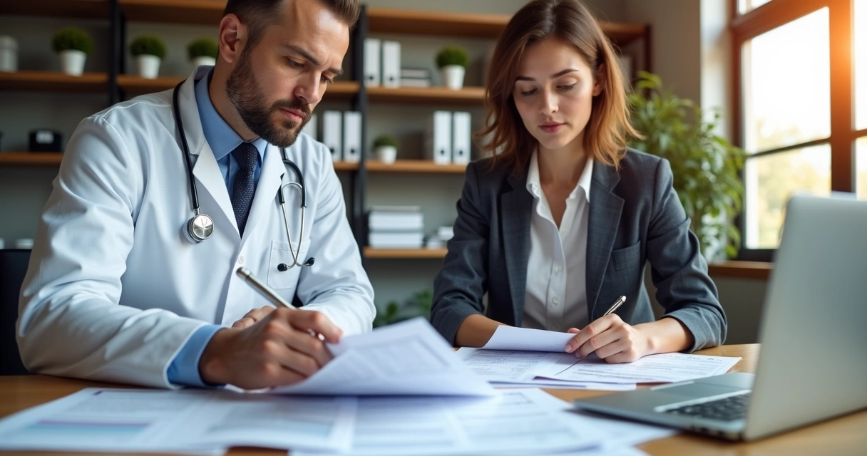 Contador e médico veterinário analisando documentos fiscais em escritório moderno