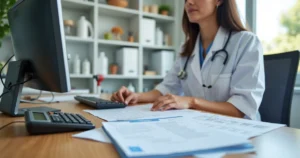 Contador revisando documentos fiscais em clínica veterinária moderna com computador e papéis organizados