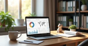 Espaço moderno com laptop, agenda aberta e caneca, representando escritório virtual para contabilidade no setor pet