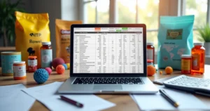 Mesa organizada com computador aberto mostrando planilha de NCM e CFOP, ao lado produtos pet como ração, brinquedos e medicamentos