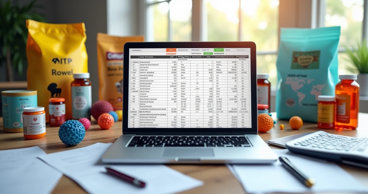 Mesa organizada com computador aberto mostrando planilha de NCM e CFOP, ao lado produtos pet como ração, brinquedos e medicamentos