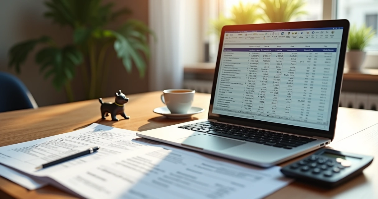 Mesa de escritório com documentos fiscais, calculadora e laptop abertos mostrando planilha de créditos tributários para pet shop