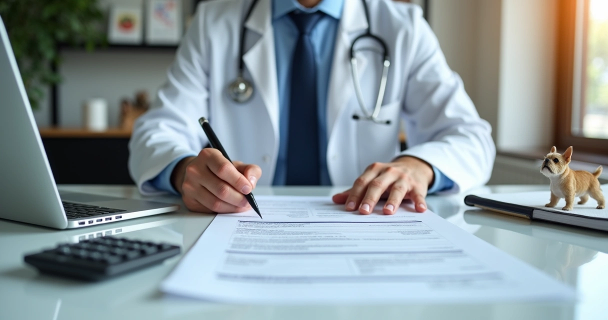 Veterinário assinando documentos para abertura de CNPJ em escritório moderno