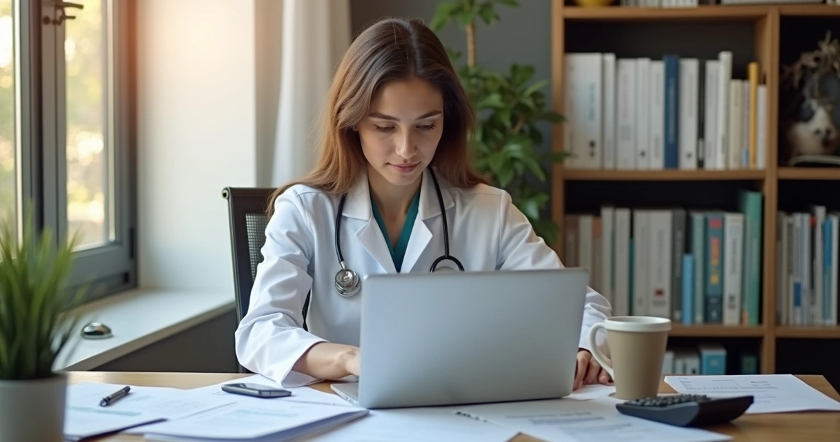 Veterinário calculando finanças com documentos e laptop em escritório moderno