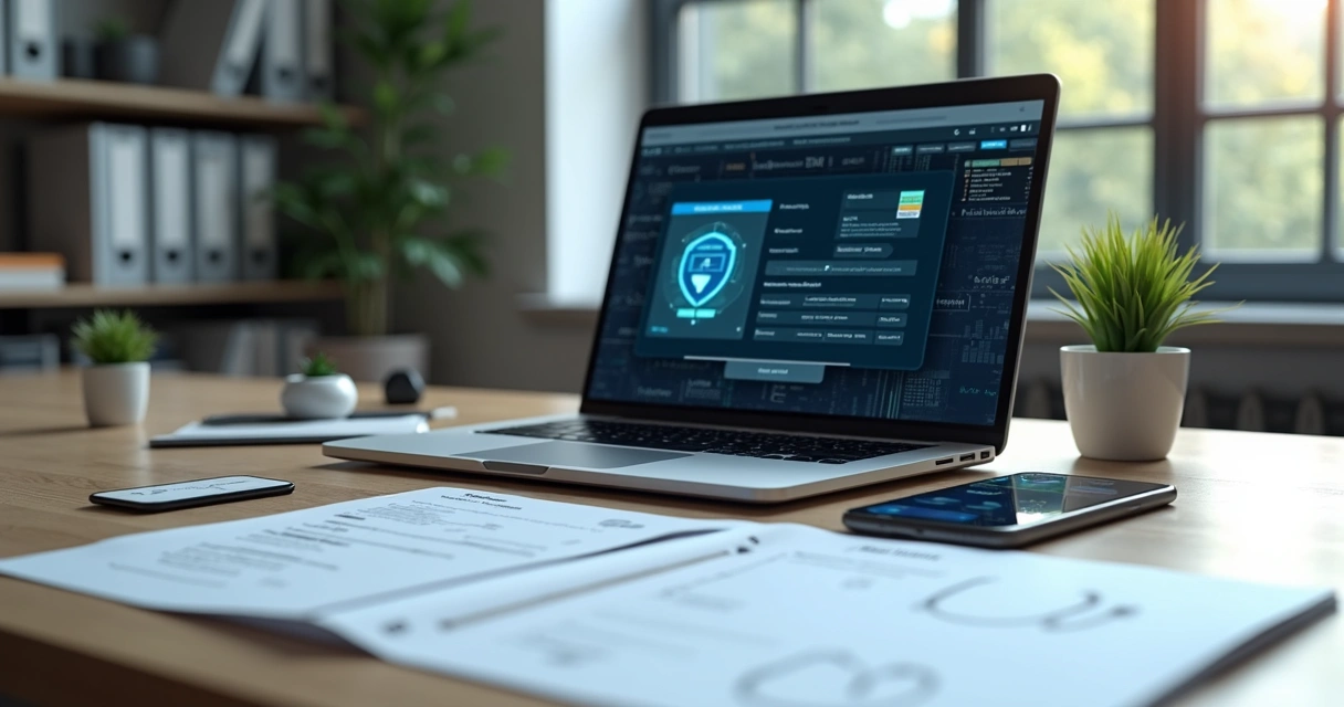 Computador com tela exibindo certificado digital e documentos eletrônicos para contabilidade