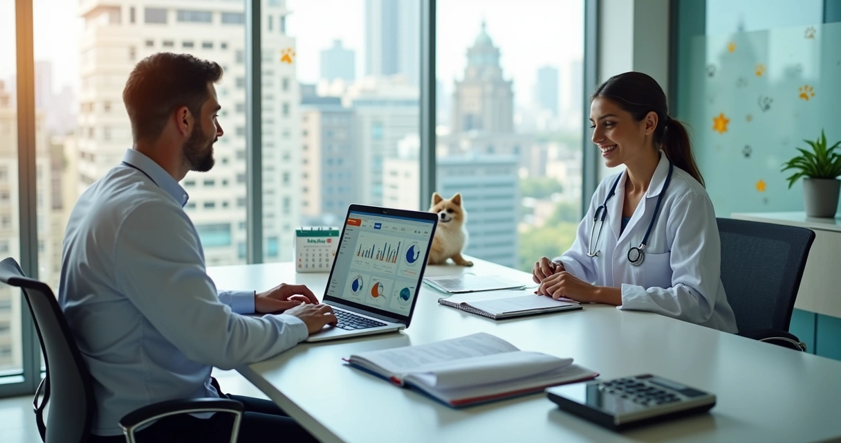 Contador especializado em veterinária e setor pet atendendo médica-veterinária em escritório moderno