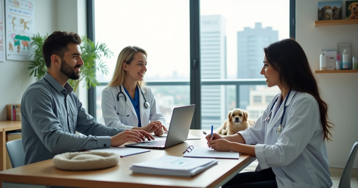 Contador e médica-veterinária analisando finanças em clínica pet em São Paulo