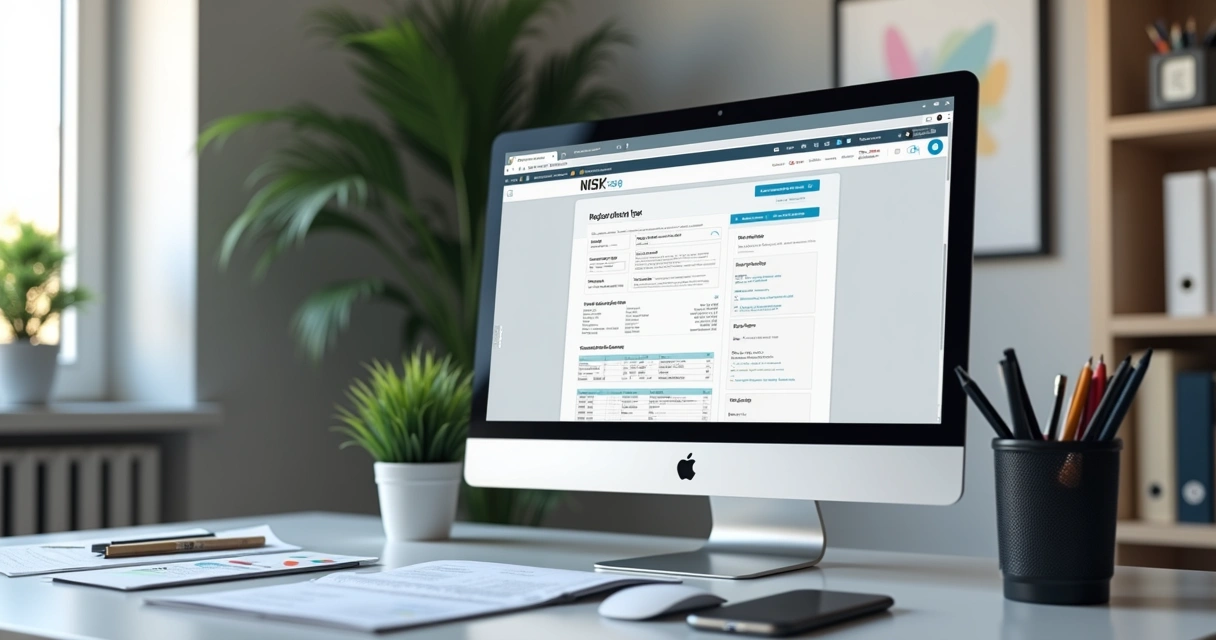 Computador em escritório moderno mostrando tela de emissão de NFS-e com documentos digitais ao lado