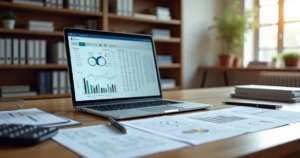 Mesa moderna de escritório contábil com computador exibindo sistema fiscal e documentos organizados