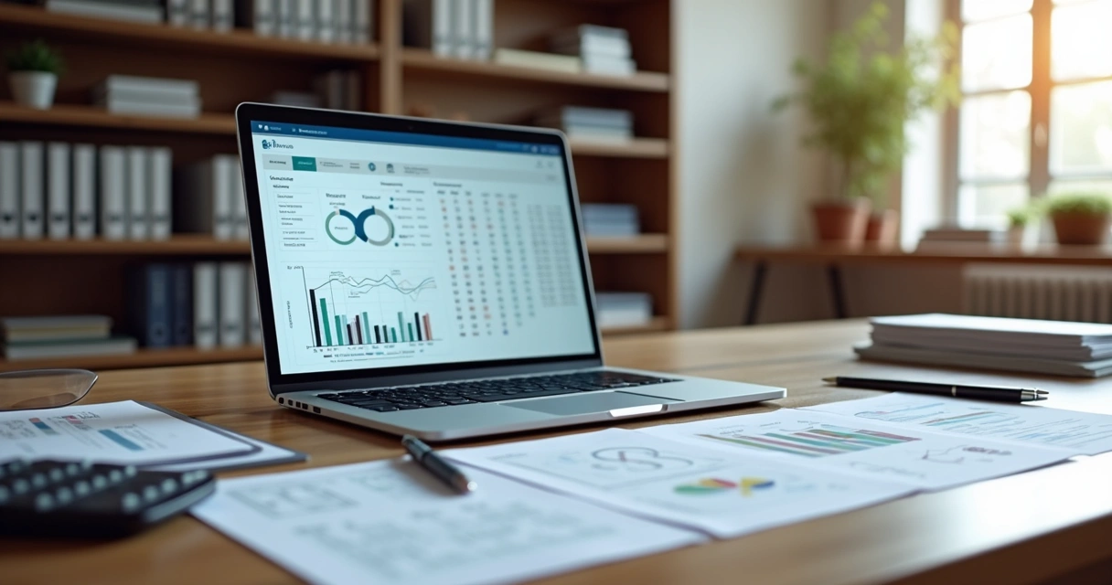 Mesa moderna de escritório contábil com computador exibindo sistema fiscal e documentos organizados