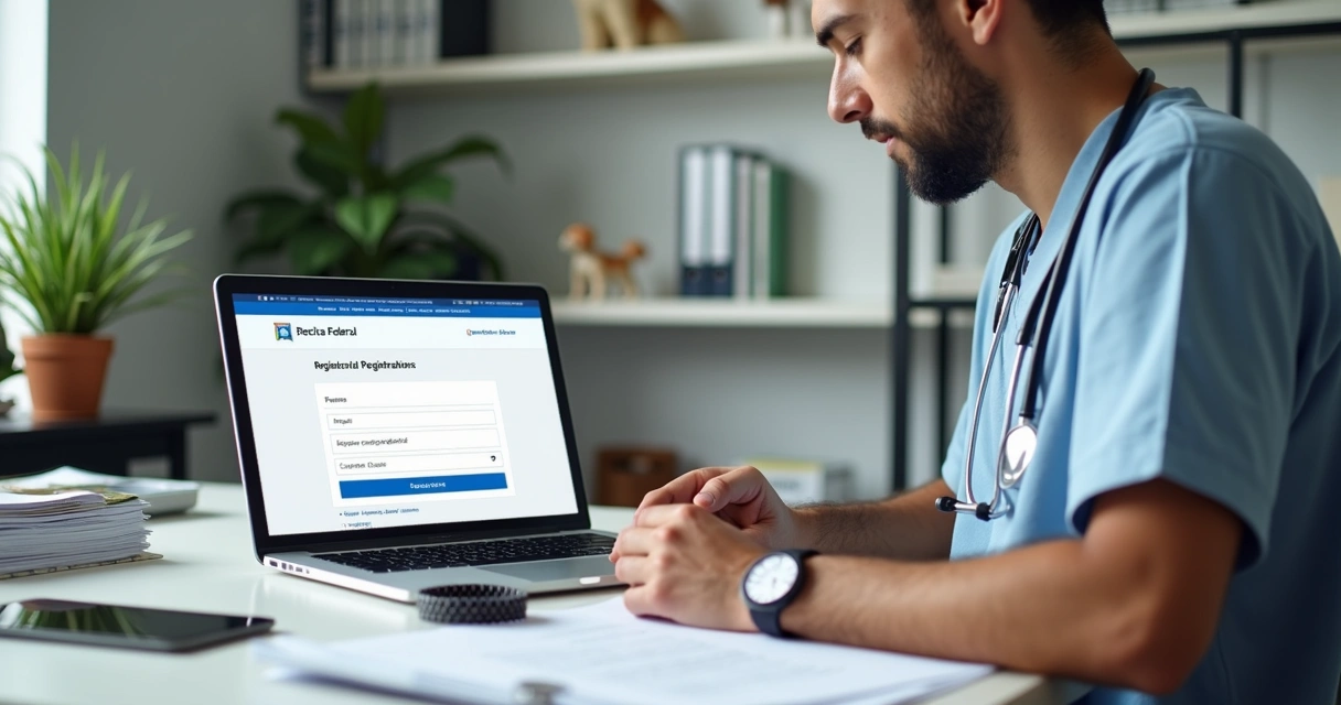 Veterinário consultando documentos e tela de computador com CNPJ aberto em escritório moderno