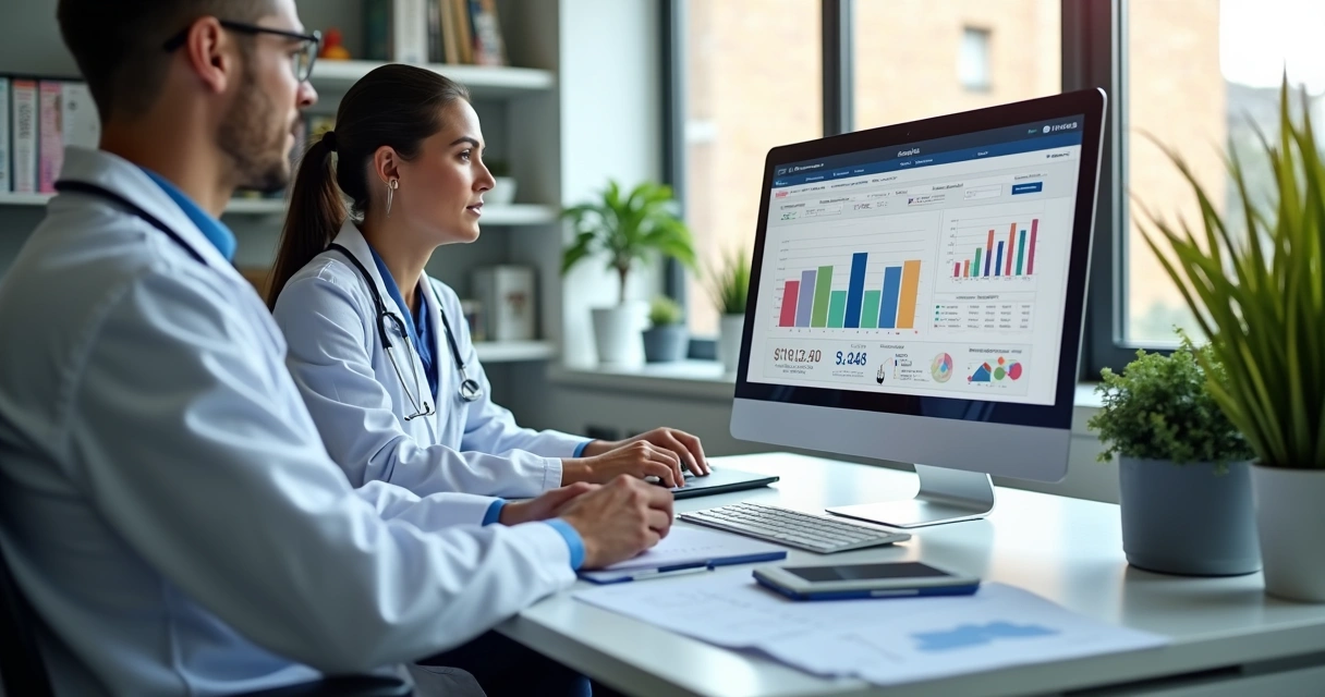 Veterinário e contador em escritório moderno consultando documentos fiscais e tela digital com gráficos financeiros