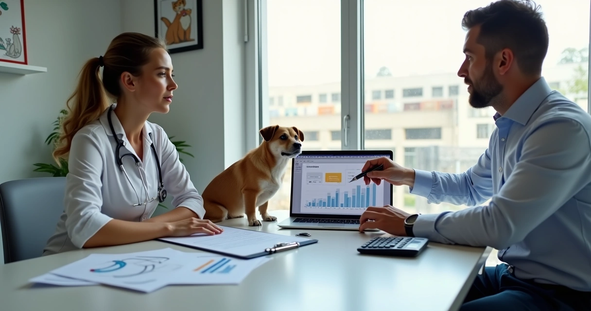 Contador orientando dona de clínica pet sobre lucro presumido em escritório moderno