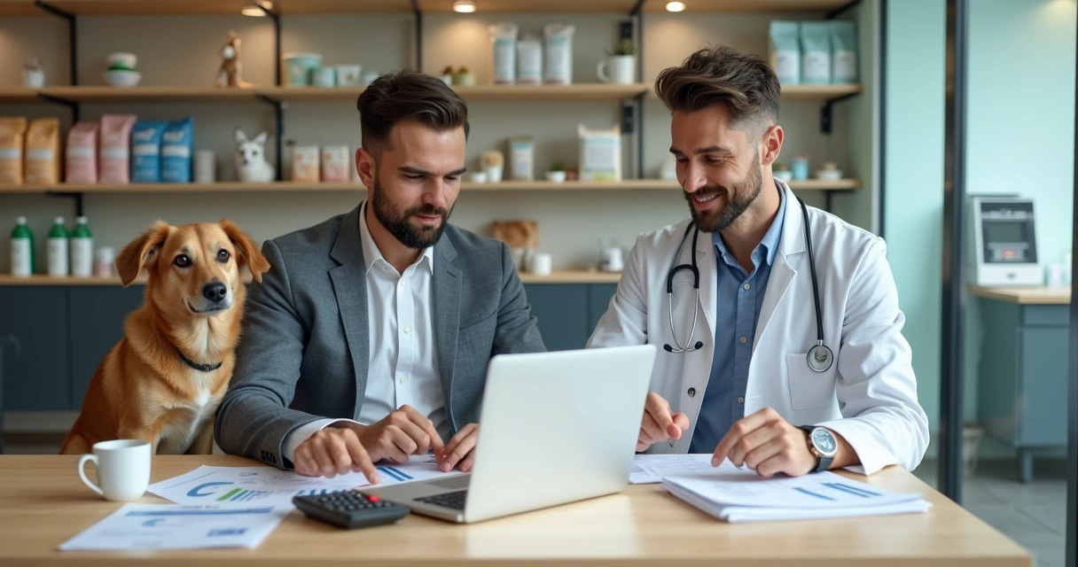 Contador analisando finanças ao lado de médica veterinária em pet shop