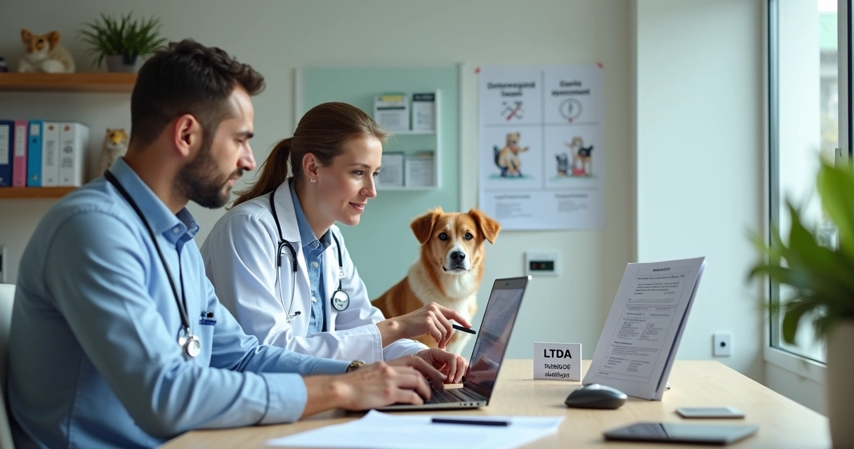 Contador e médica veterinária analisando documentos em clínica pet moderna
