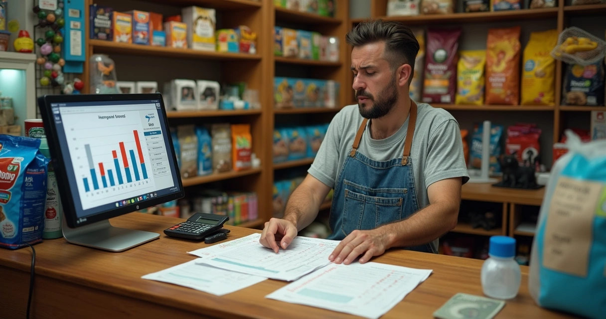 Dono de petshop preocupado analisando notas fiscais e calculadora no balcão