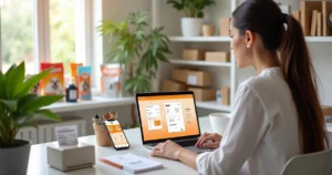 Empresária do setor pet emitindo nota fiscal da Shopee no notebook ao lado de produtos para animais