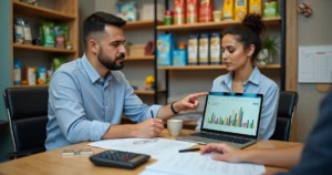 Dono de petshop conversando com contador analisando finanças em um notebook