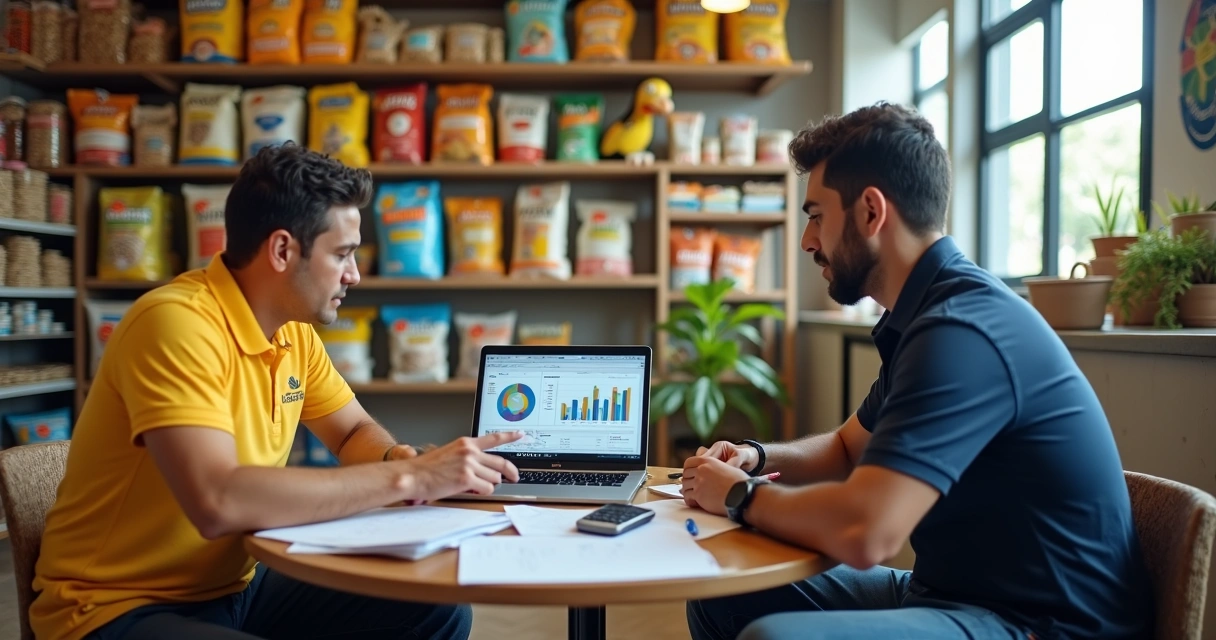 Contador orientando dono de casa de ração sobre documentos fiscais no computador