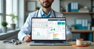 Veterinário em escritório comparando software de nota fiscal e contabilidade digital na tela do notebook