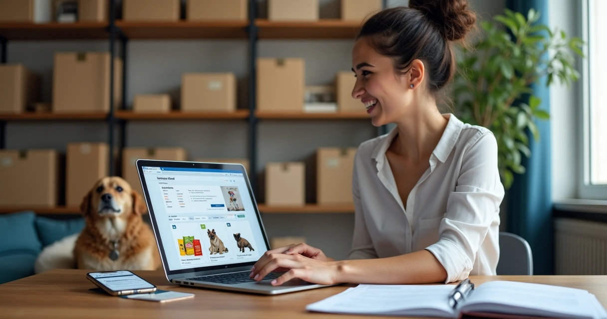 Empresária vendendo produtos pet online com CNPJ em frente ao computador