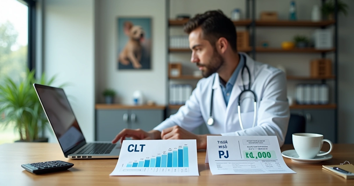 Veterinário analisando documentos CLT e PJ em consultório moderno