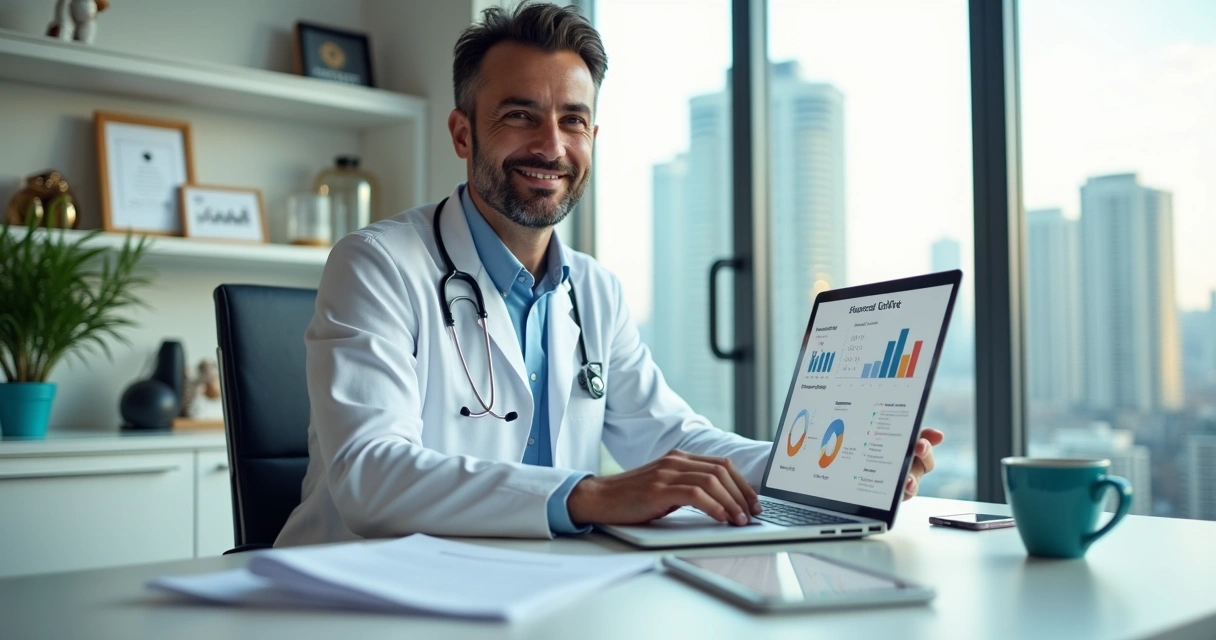 Veterinário em escritório moderno usando notebook para gestão da sede virtual