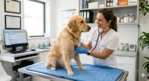 médico veterinario com cachorro