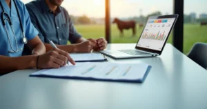 Médica veterinária e zootecnista analisando custos de CNPJ com tablet e planilha